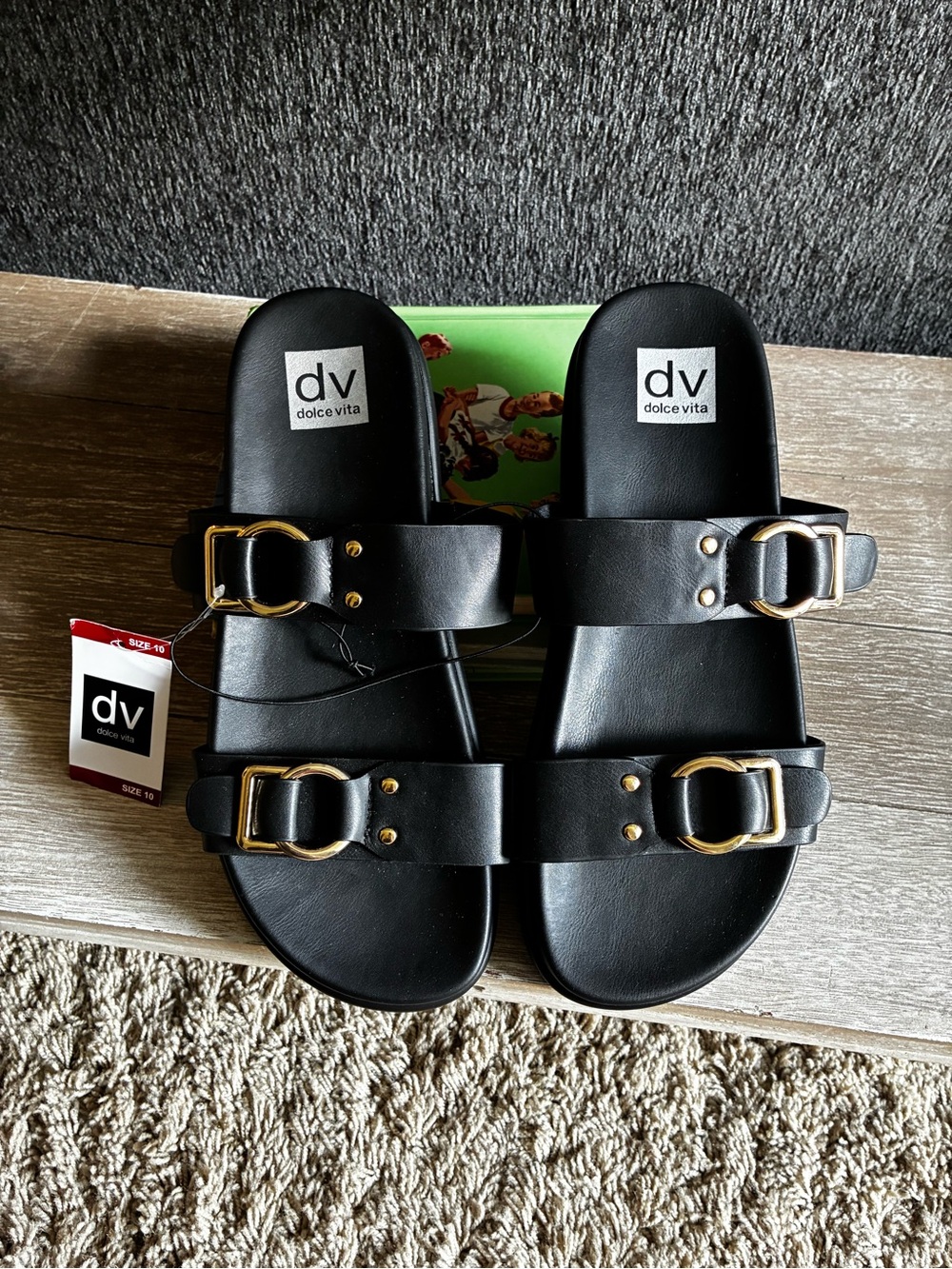 Dolce Vita Black Double-Buckle Slide Sandals with Gold Hardware